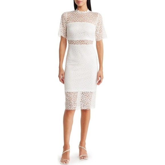 NWT Love X Design Lace Sheer Panel Knee Length Dress Gardenia White Women Size M - Picture 1 of 7